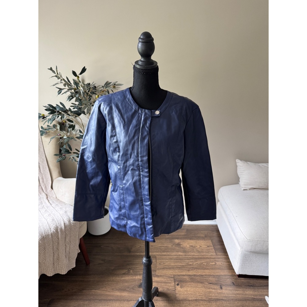 Therapy Navy Blue Faux Leather Collarless Zip Up Jacket Floral Lining Large
